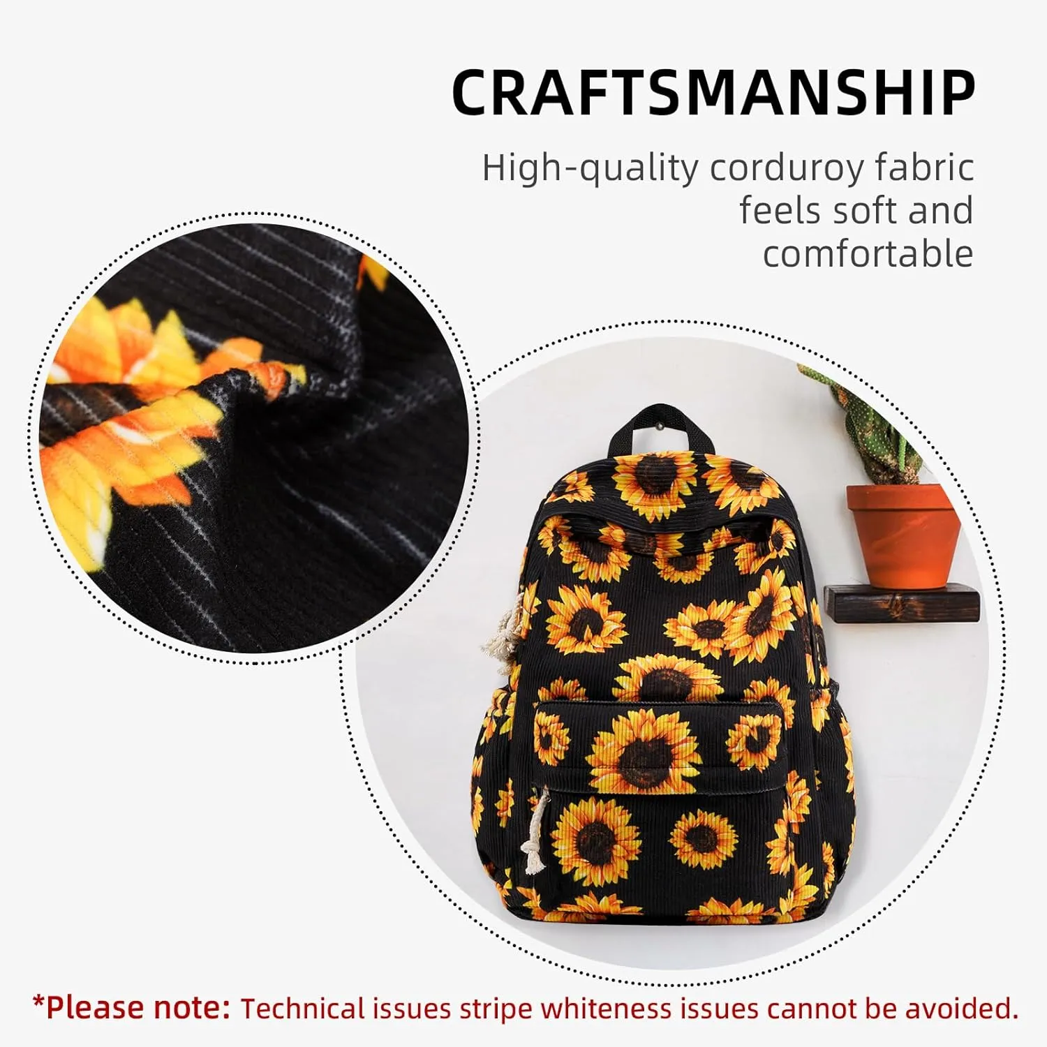 School Backpack for Teens, Corduroy Bookbag with 6X Cute Pin Accessories (Sunflower Black)
