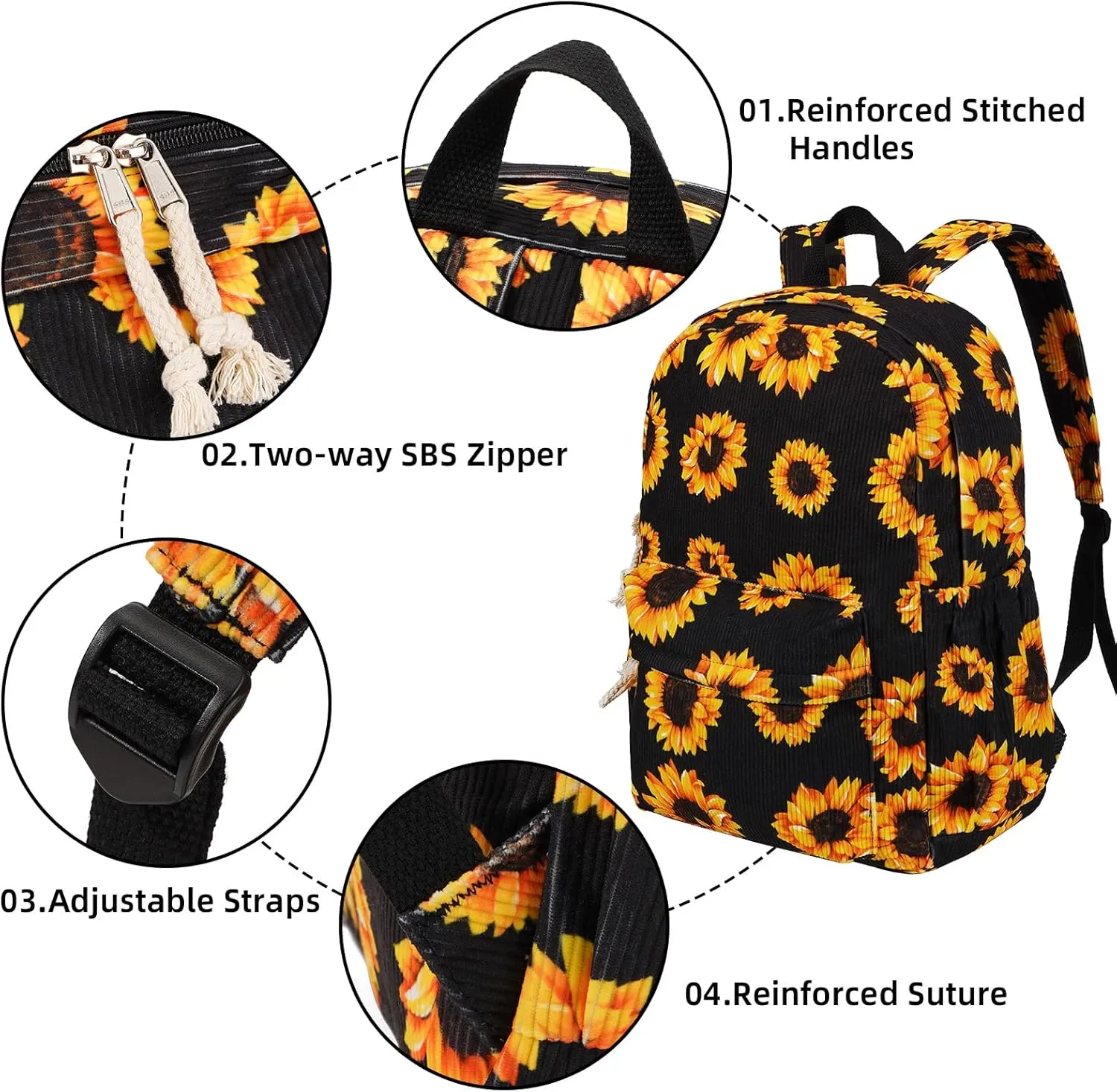 School Backpack for Teens, Corduroy Bookbag with 6X Cute Pin Accessories (Sunflower Black)