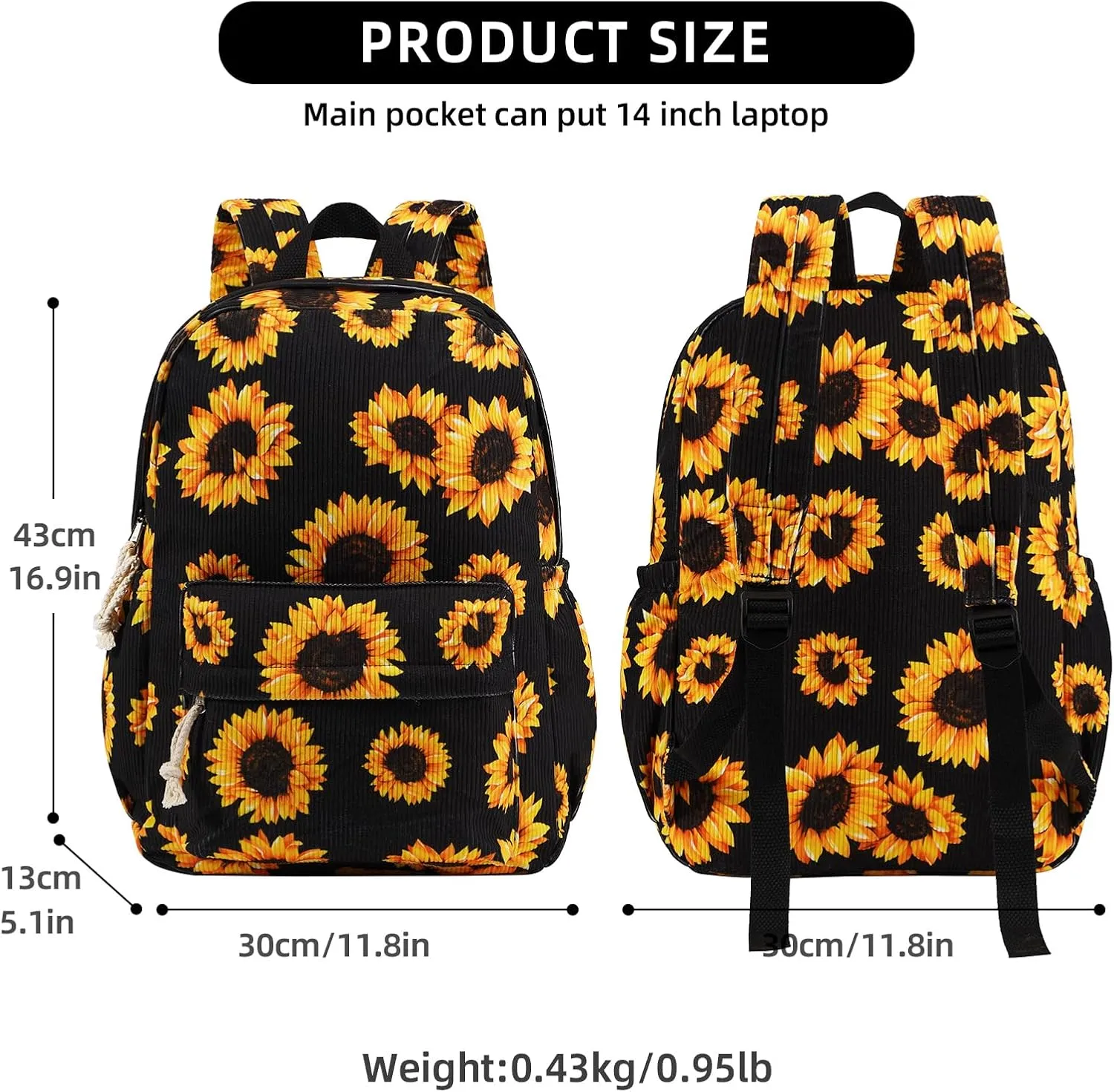 School Backpack for Teens, Corduroy Bookbag with 6X Cute Pin Accessories (Sunflower Black)