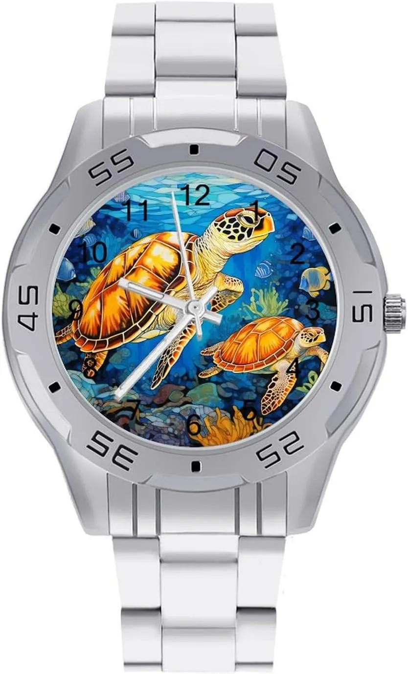 Sea Turtles Men's Business Watch Fashion Stainless Steel Wristwatches Custom Easy Read Watches for Women