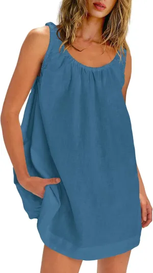 SENSERISE Womens Linen Mini Dress Sleeveless Babydoll Dress Tank Short Sundress Loose Summer Beach Outfits with Pockets