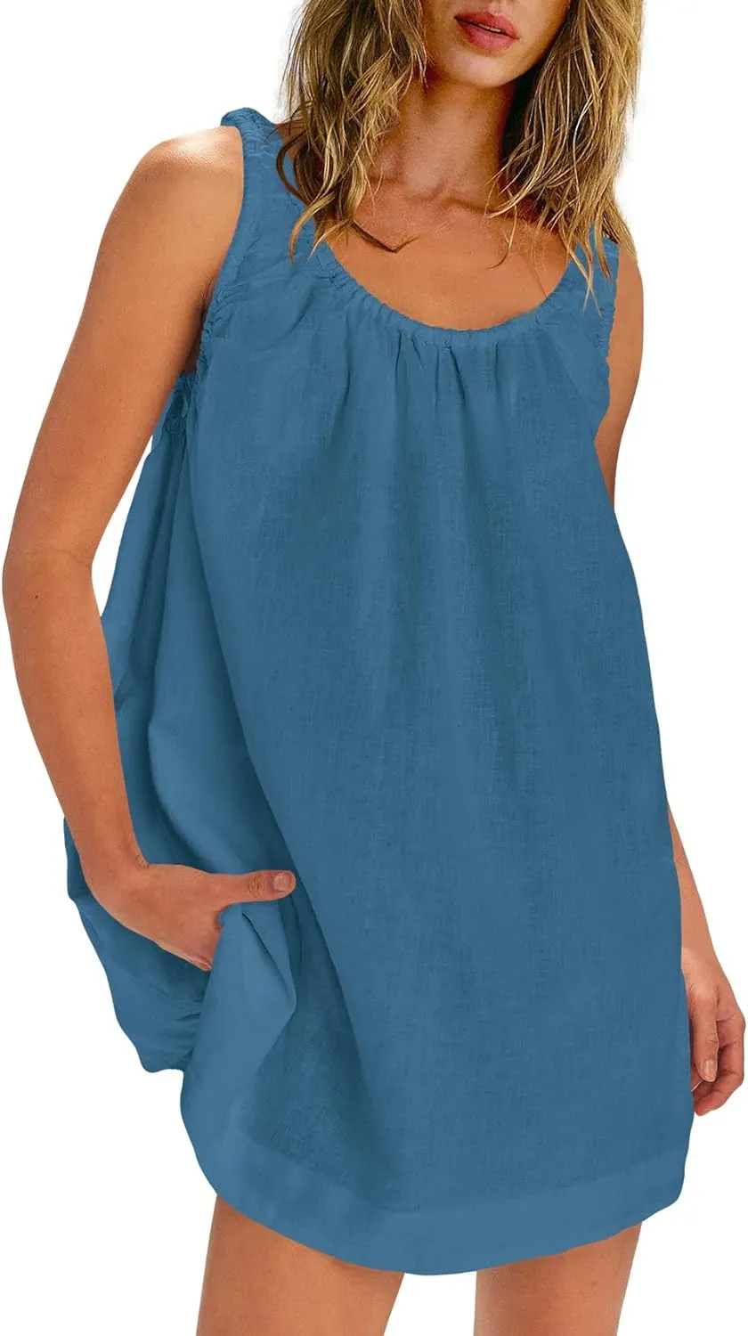 SENSERISE Womens Linen Mini Dress Sleeveless Babydoll Dress Tank Short Sundress Loose Summer Beach Outfits with Pockets