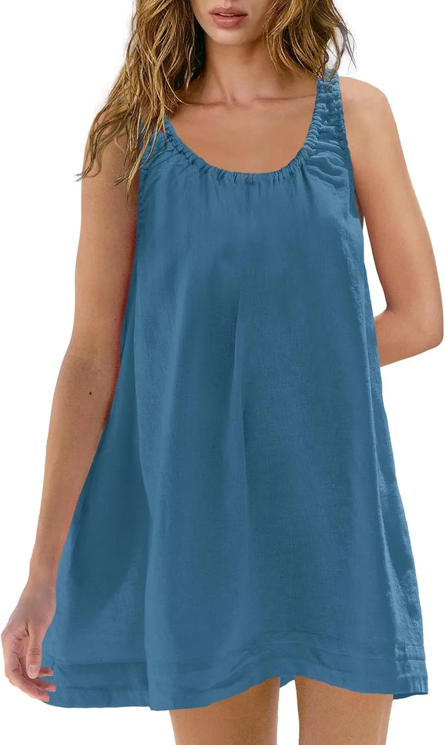 SENSERISE Womens Linen Mini Dress Sleeveless Babydoll Dress Tank Short Sundress Loose Summer Beach Outfits with Pockets