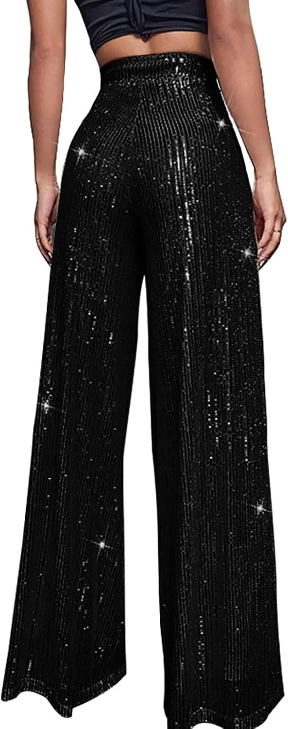 Sequin Pants for Women Ladies Silk High Waist Drape Zip Wide Leg Flared Pants Outfit Clubwear Red Sequin