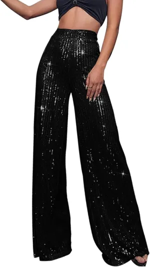 Sequin Pants for Women Ladies Silk High Waist Drape Zip Wide Leg Flared Pants Outfit Clubwear Red Sequin