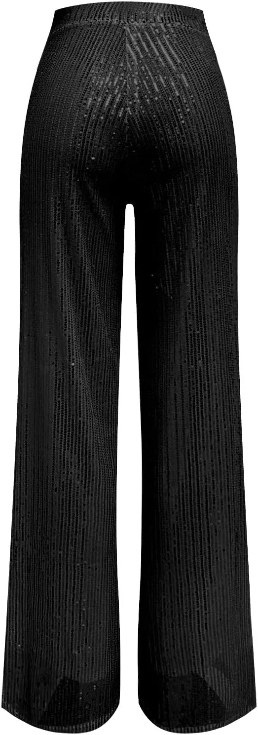 Sequin Pants for Women Ladies Silk High Waist Drape Zip Wide Leg Flared Pants Outfit Clubwear Red Sequin