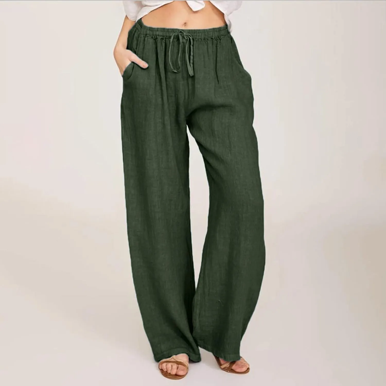 SHAOBGE Cotton Linen Pants for Women Summer Wide Leg Casual Loose Drawstring High Waist Palazzo Pants Trousers with Pockets