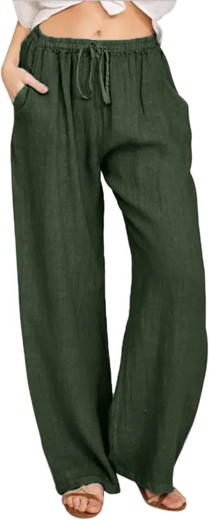 SHAOBGE Cotton Linen Pants for Women Summer Wide Leg Casual Loose Drawstring High Waist Palazzo Pants Trousers with Pockets