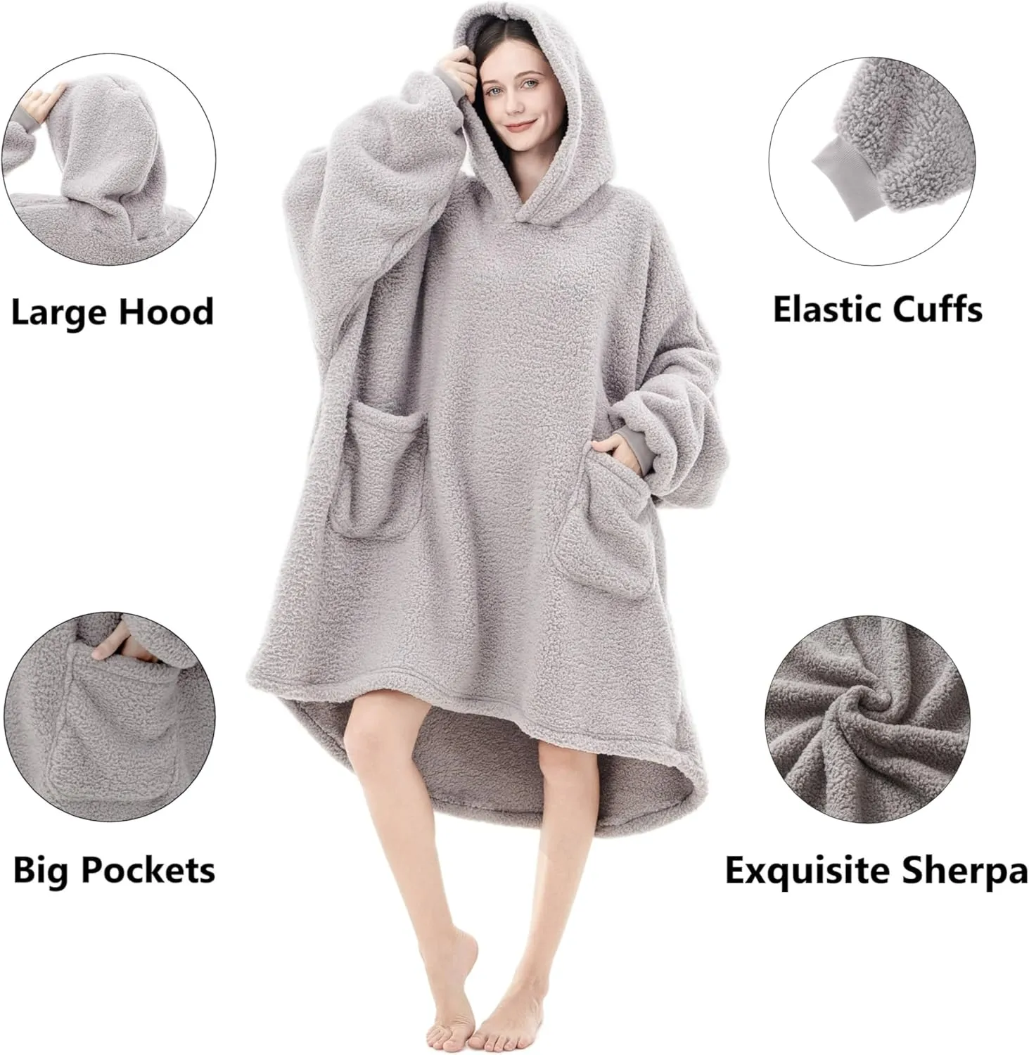 Sherpa Wearable Blanket Hoodie Gifts for Women, Cozy Warm Oversized Hoodie Blanket Sweater with Pockets for Adults