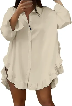 Shirt for Women Ruffle Hem Oversized Button Down Baggy Long Sleeve Lapel Tunic Tops Dressy Business Casual Blouses
