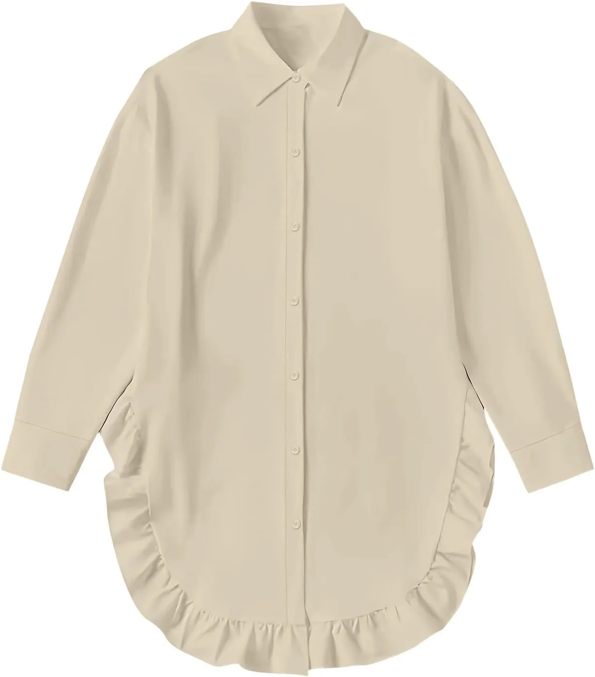 Shirt for Women Ruffle Hem Oversized Button Down Baggy Long Sleeve Lapel Tunic Tops Dressy Business Casual Blouses