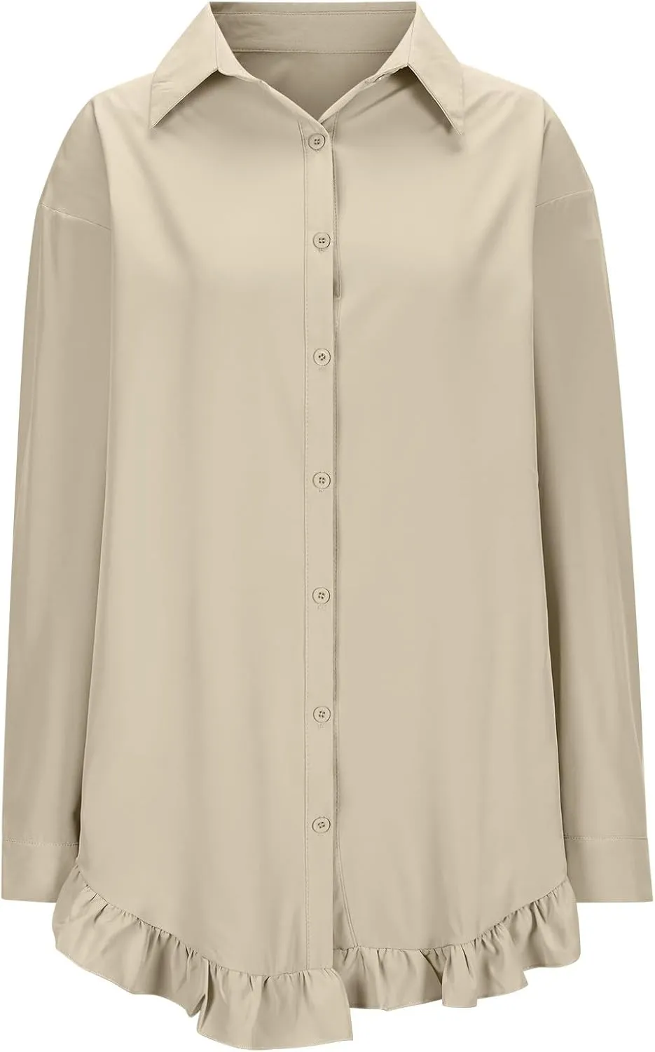 Shirt for Women Ruffle Hem Oversized Button Down Baggy Long Sleeve Lapel Tunic Tops Dressy Business Casual Blouses