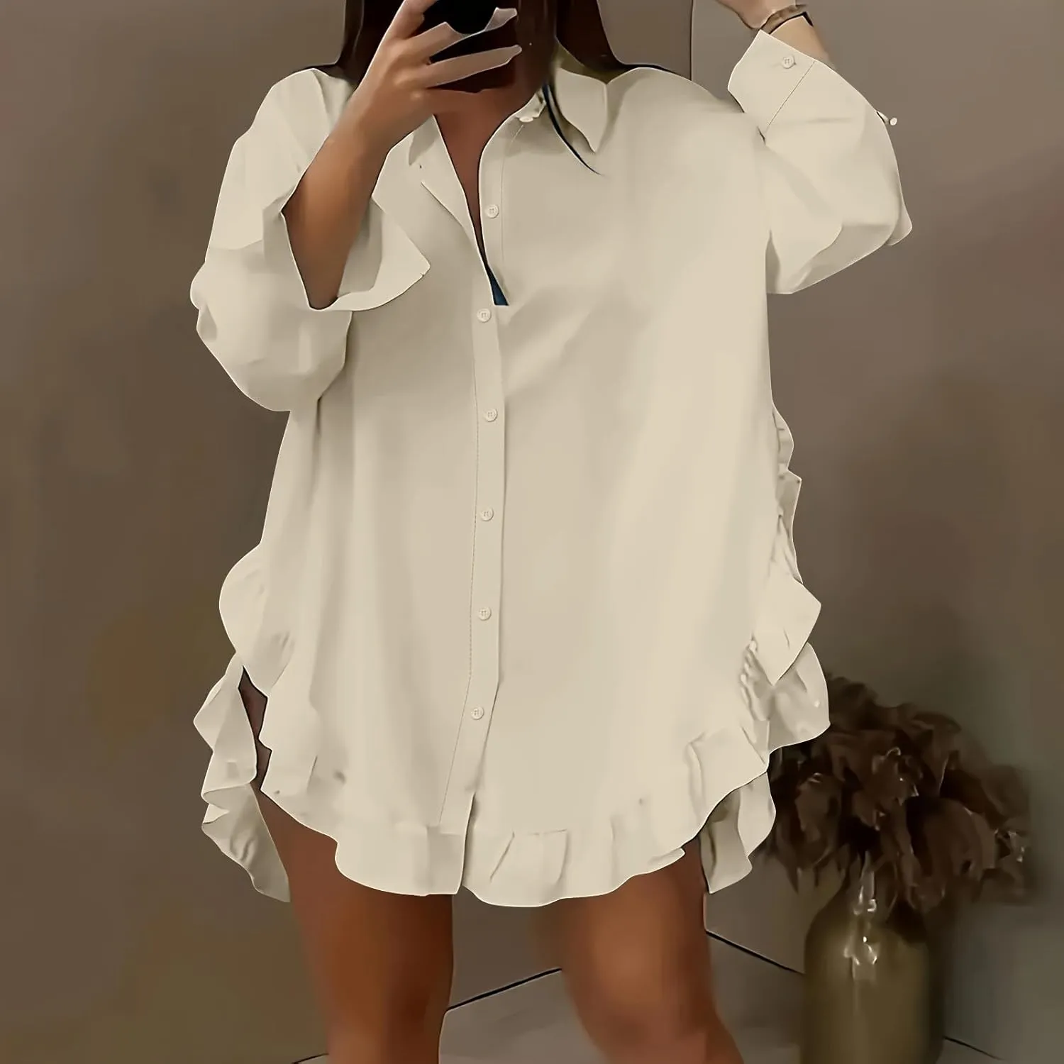 Shirt for Women Ruffle Hem Oversized Button Down Baggy Long Sleeve Lapel Tunic Tops Dressy Business Casual Blouses