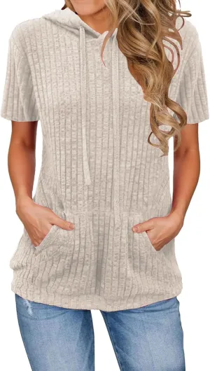 Short Sleeve Hoodies for Women Pullover Oversized Sweatshirts Trendy Casual Shirts Tunic Tops with Kangaroo Pocket