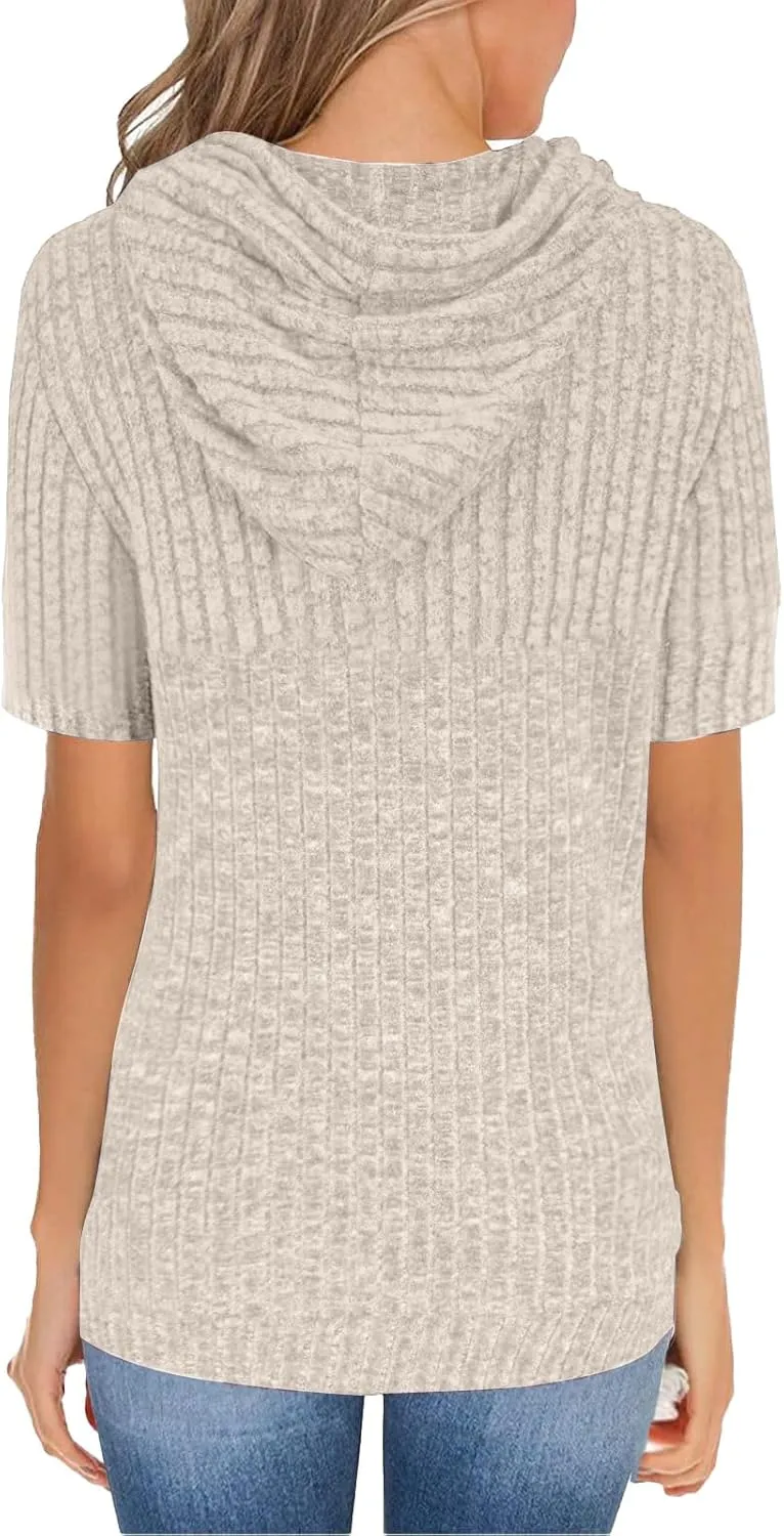 Short Sleeve Hoodies for Women Pullover Oversized Sweatshirts Trendy Casual Shirts Tunic Tops with Kangaroo Pocket