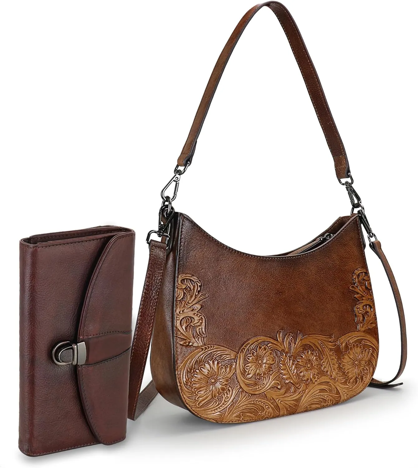 Shoulder Bag Women Crossbody Bag Genuine Leather Satchel Handbags Top Handle Purse AND Women's Wallet Genuine Leather Snap Wallets with 16 Card Slots Coffee