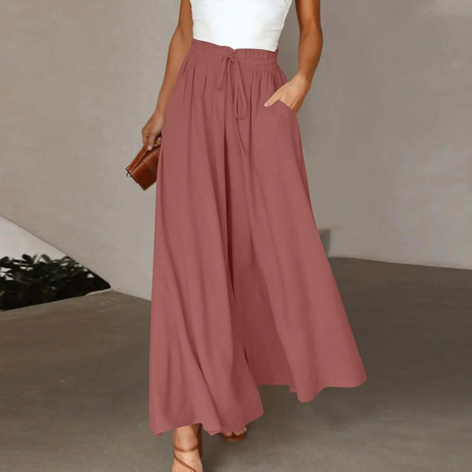 Skirt Pants for Women Wide Leg Elastic Waisted Chiffon Baggy Long Lounge Trousers Beach Vacation Pant with Pockets
