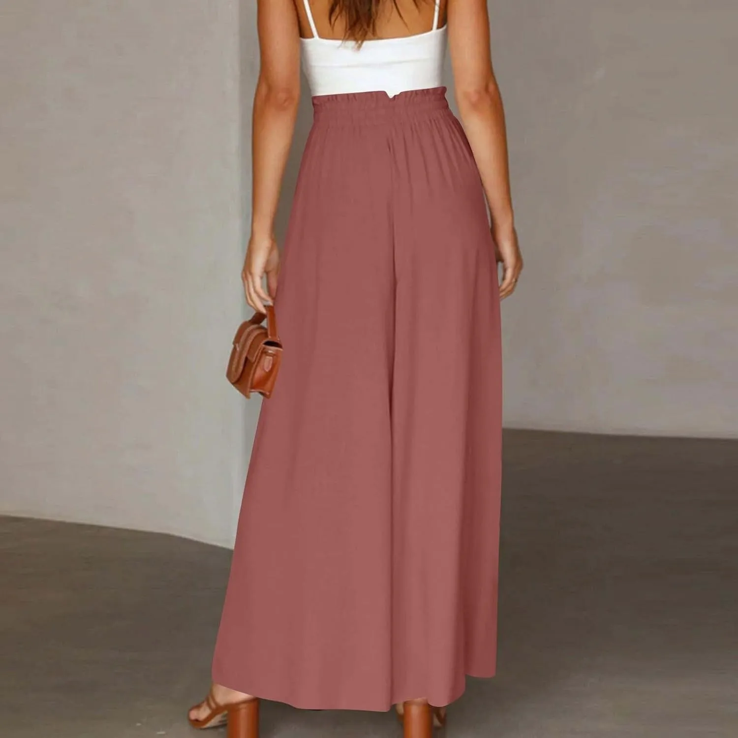 Skirt Pants for Women Wide Leg Elastic Waisted Chiffon Baggy Long Lounge Trousers Beach Vacation Pant with Pockets