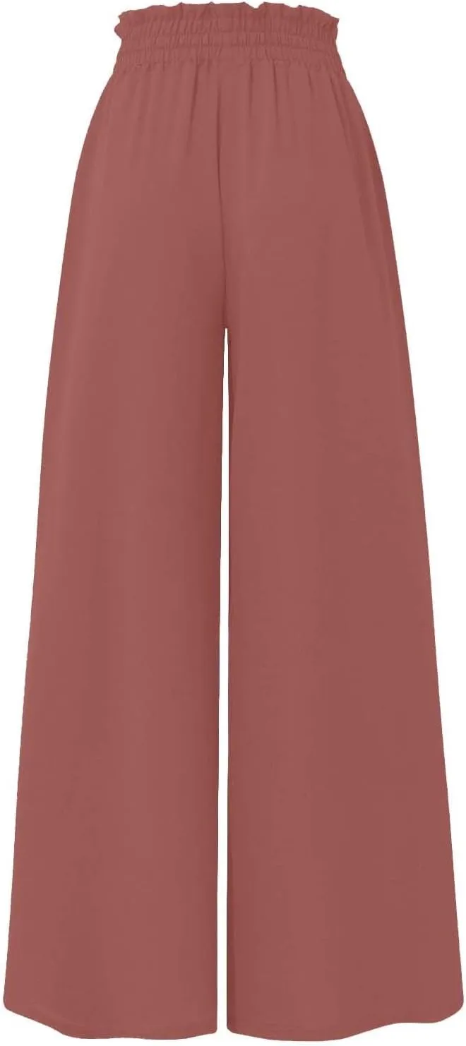 Skirt Pants for Women Wide Leg Elastic Waisted Chiffon Baggy Long Lounge Trousers Beach Vacation Pant with Pockets