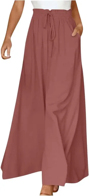 Skirt Pants for Women Wide Leg Elastic Waisted Chiffon Baggy Long Lounge Trousers Beach Vacation Pant with Pockets