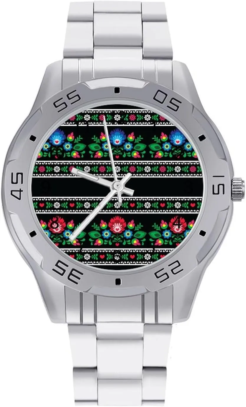 Slavic Traditional Floral Polish Folk Classic Wrist Watches for Men Casual Business Dress Watch with Stainless Steel Band Work Party