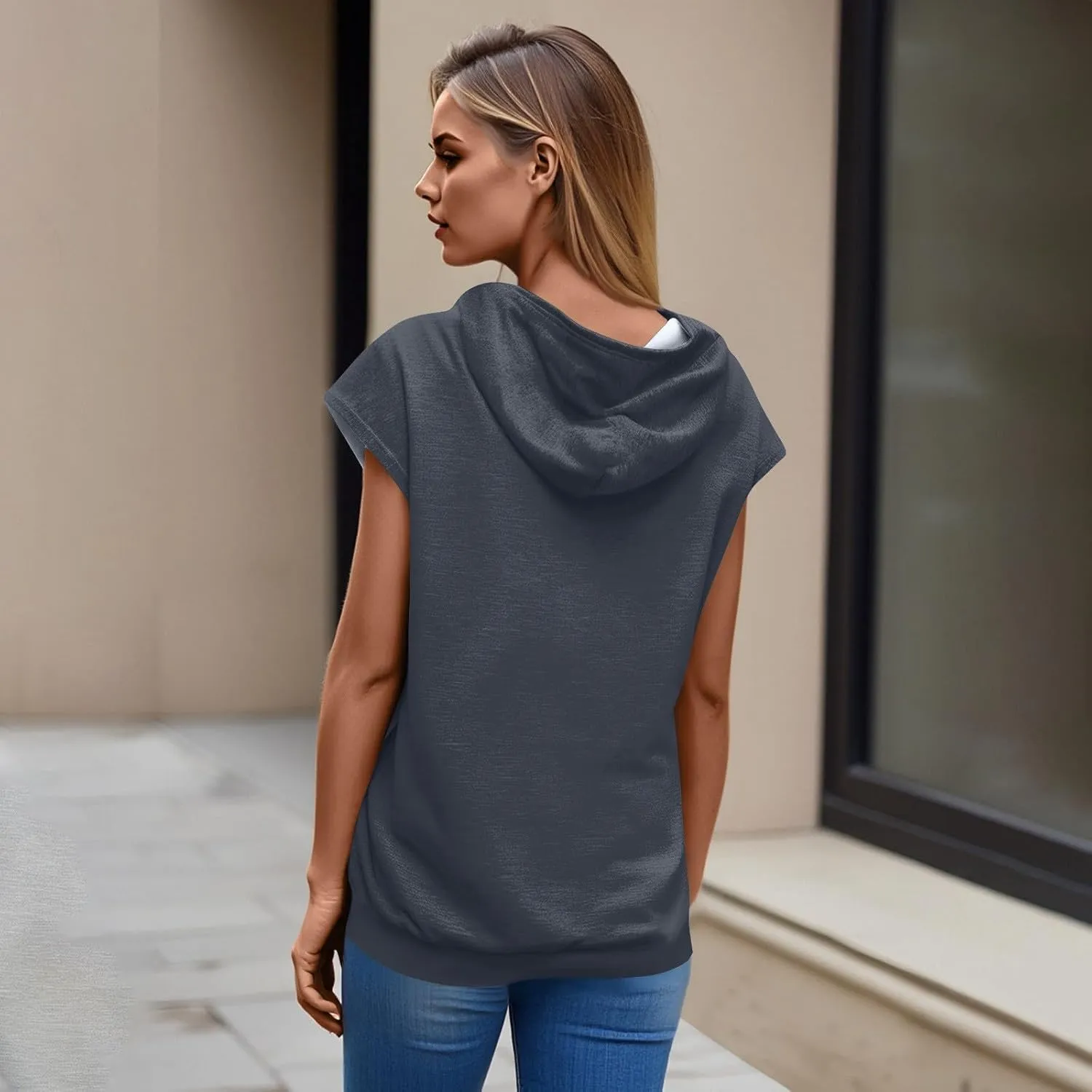 Sleeveless Hoodie Women Summer Hooded Tank Tops Lightweight Drawstring Pullover Sweatshirt Athletic T-Shirt