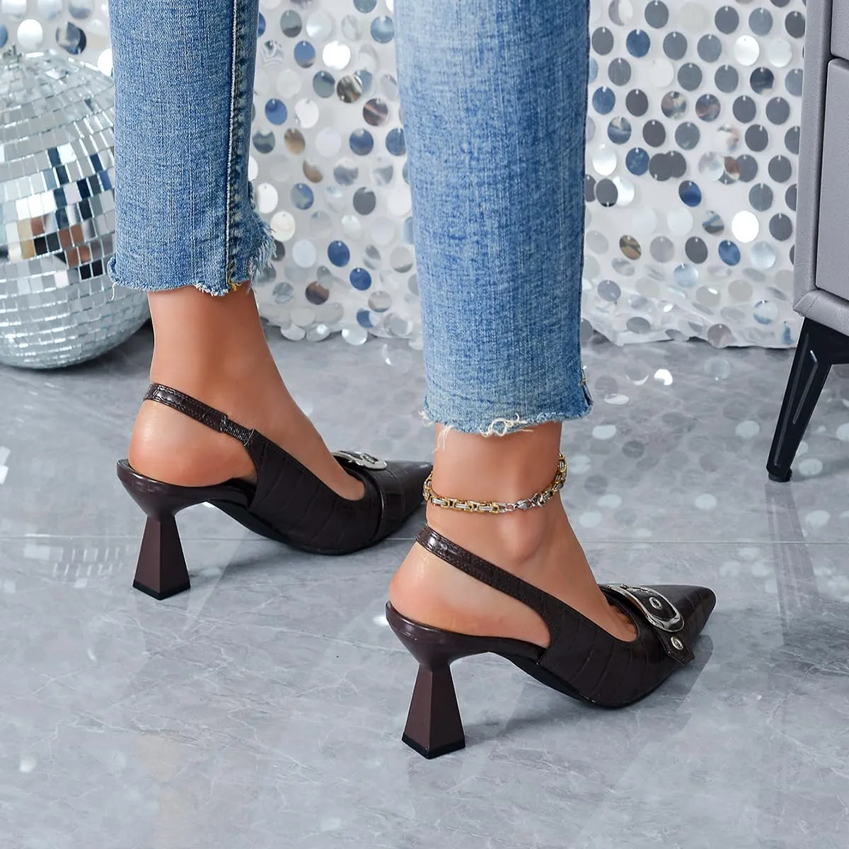 Slingback Kitten Heels for Women Closed Pointed Toe Pumps Dress Shoes with Buckle Strap Comfortable Slip On Sandal Heels for Work Party Wedding