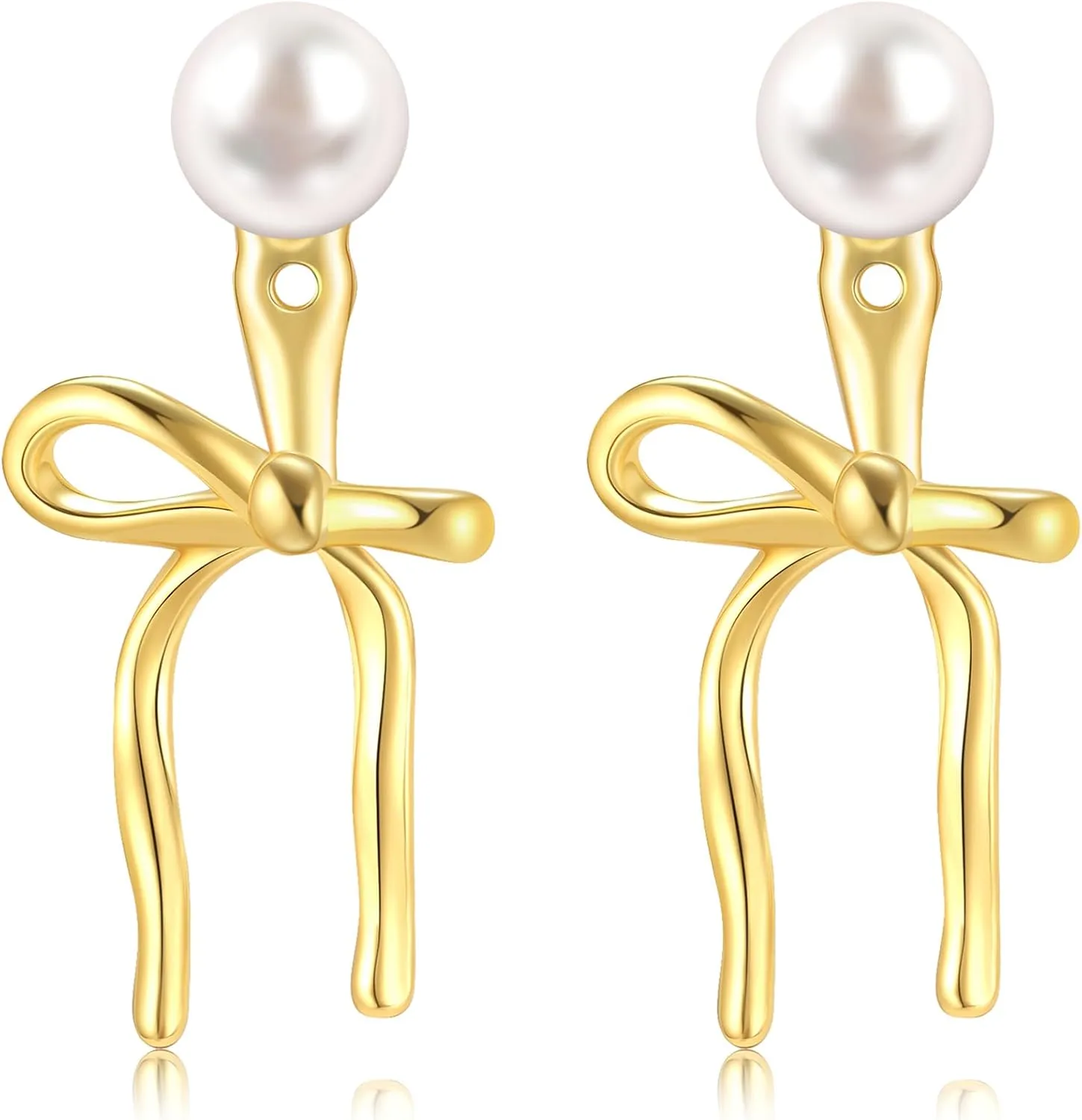 Small Bow Drop Dangle Earrings for Women 925 Sterling Silver Post 14K Gold Plated Cute Mini Heart Pearl Stud Earring Jackets for Women