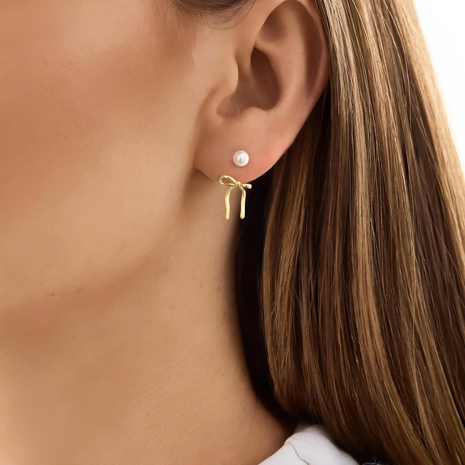 Small Bow Drop Dangle Earrings for Women 925 Sterling Silver Post 14K Gold Plated Cute Mini Heart Pearl Stud Earring Jackets for Women