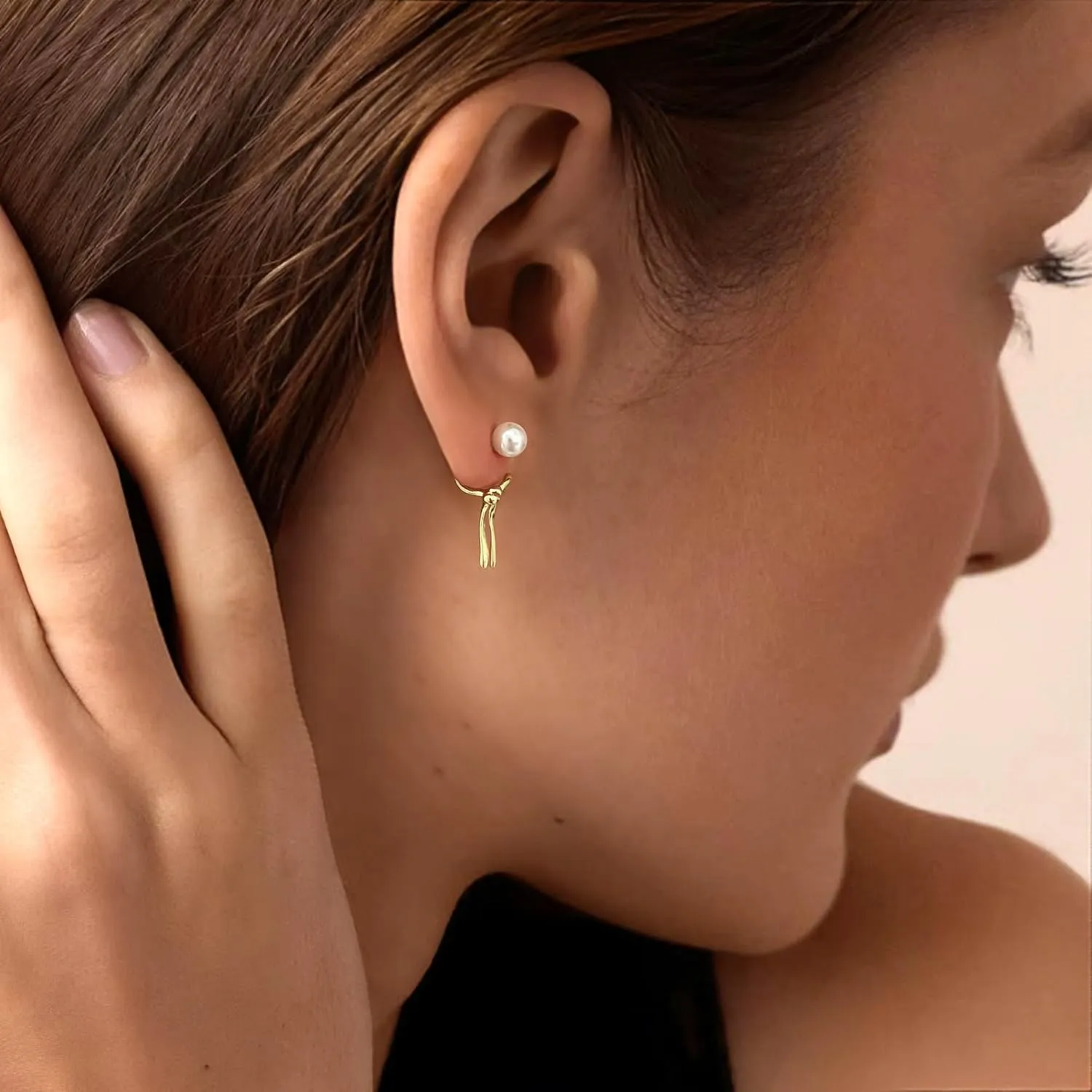 Small Bow Drop Dangle Earrings for Women 925 Sterling Silver Post 14K Gold Plated Cute Mini Heart Pearl Stud Earring Jackets for Women