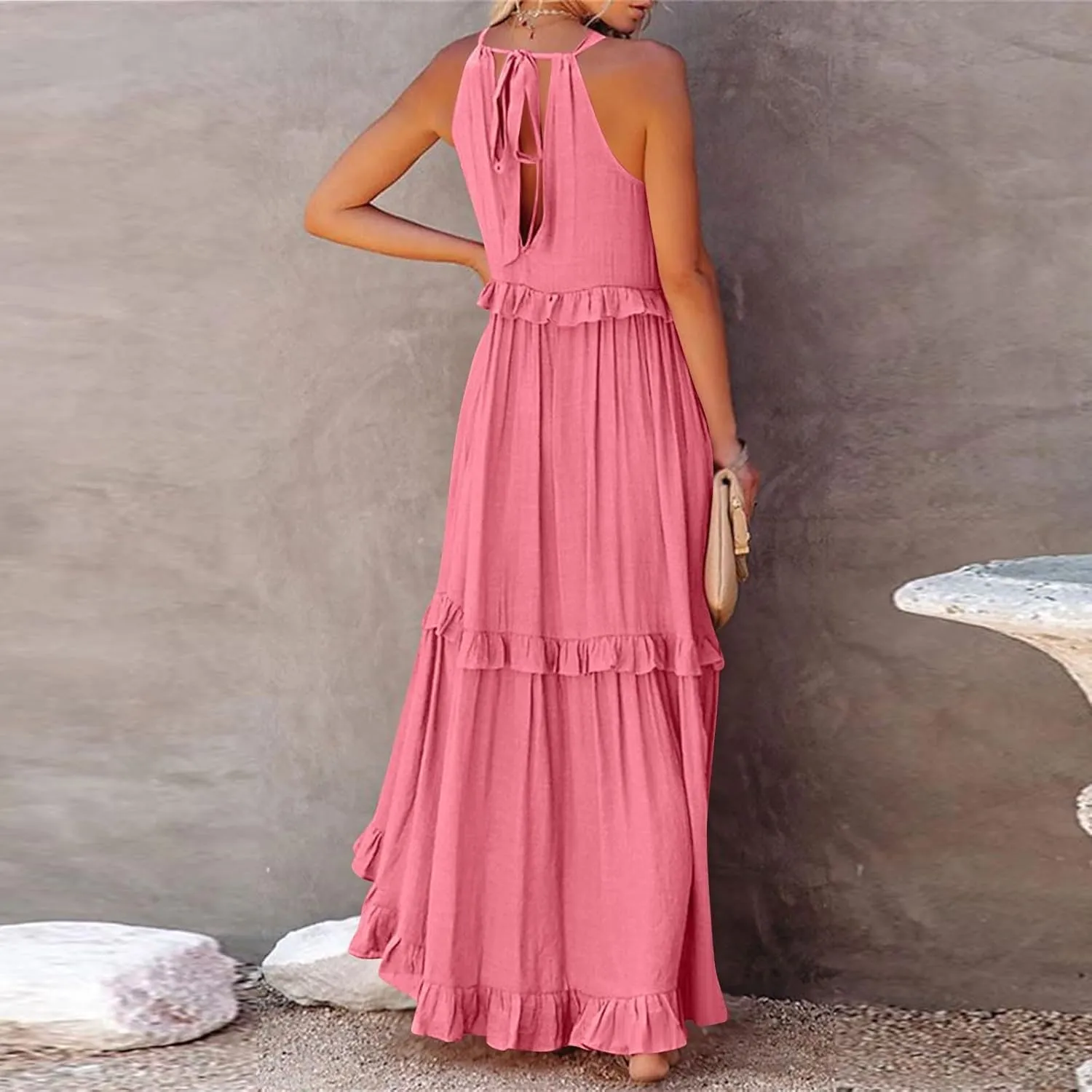 Smocked Halter Maxi Dress for Women Elegant Loose Flowy Tiered Ruffle Dress Summer Swing Beach Dresses with Pockets