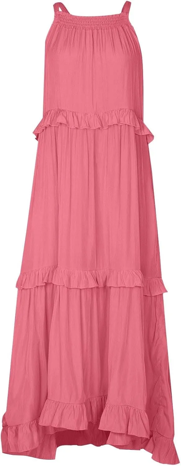 Smocked Halter Maxi Dress for Women Elegant Loose Flowy Tiered Ruffle Dress Summer Swing Beach Dresses with Pockets