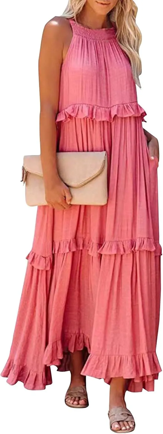 Smocked Halter Maxi Dress for Women Elegant Loose Flowy Tiered Ruffle Dress Summer Swing Beach Dresses with Pockets