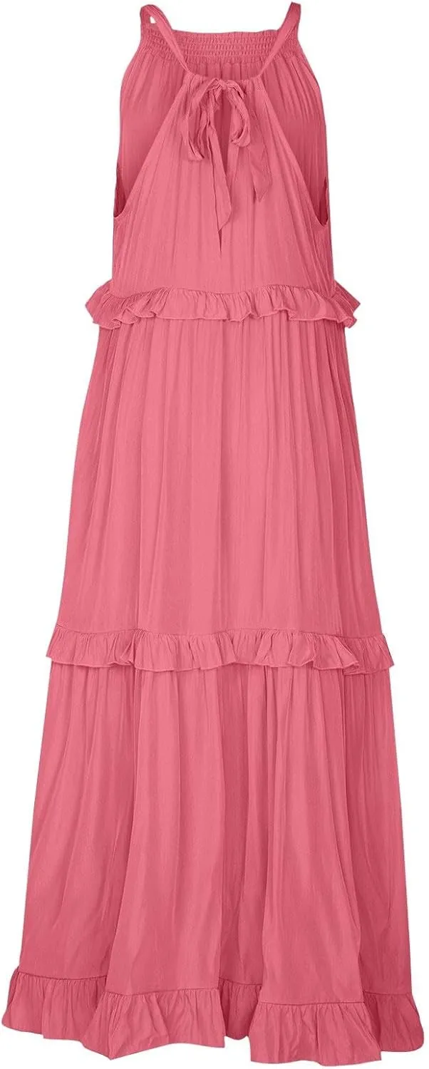 Smocked Halter Maxi Dress for Women Elegant Loose Flowy Tiered Ruffle Dress Summer Swing Beach Dresses with Pockets