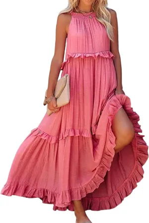 Smocked Halter Maxi Dress for Women Elegant Loose Flowy Tiered Ruffle Dress Summer Swing Beach Dresses with Pockets