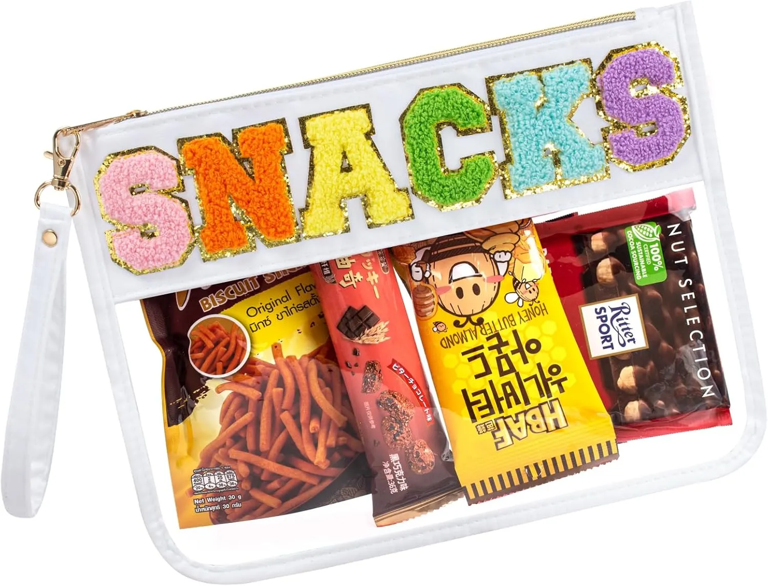 Snack Bag Small Clear Makeup Bag, Snack Pouch for Travel Chenille Letter Clear Zipper Pouch Snacks Pouch for School Nylon Cosmetic Pouch Organizer Waterproof Toiletry Bag Girls (White Snacks)