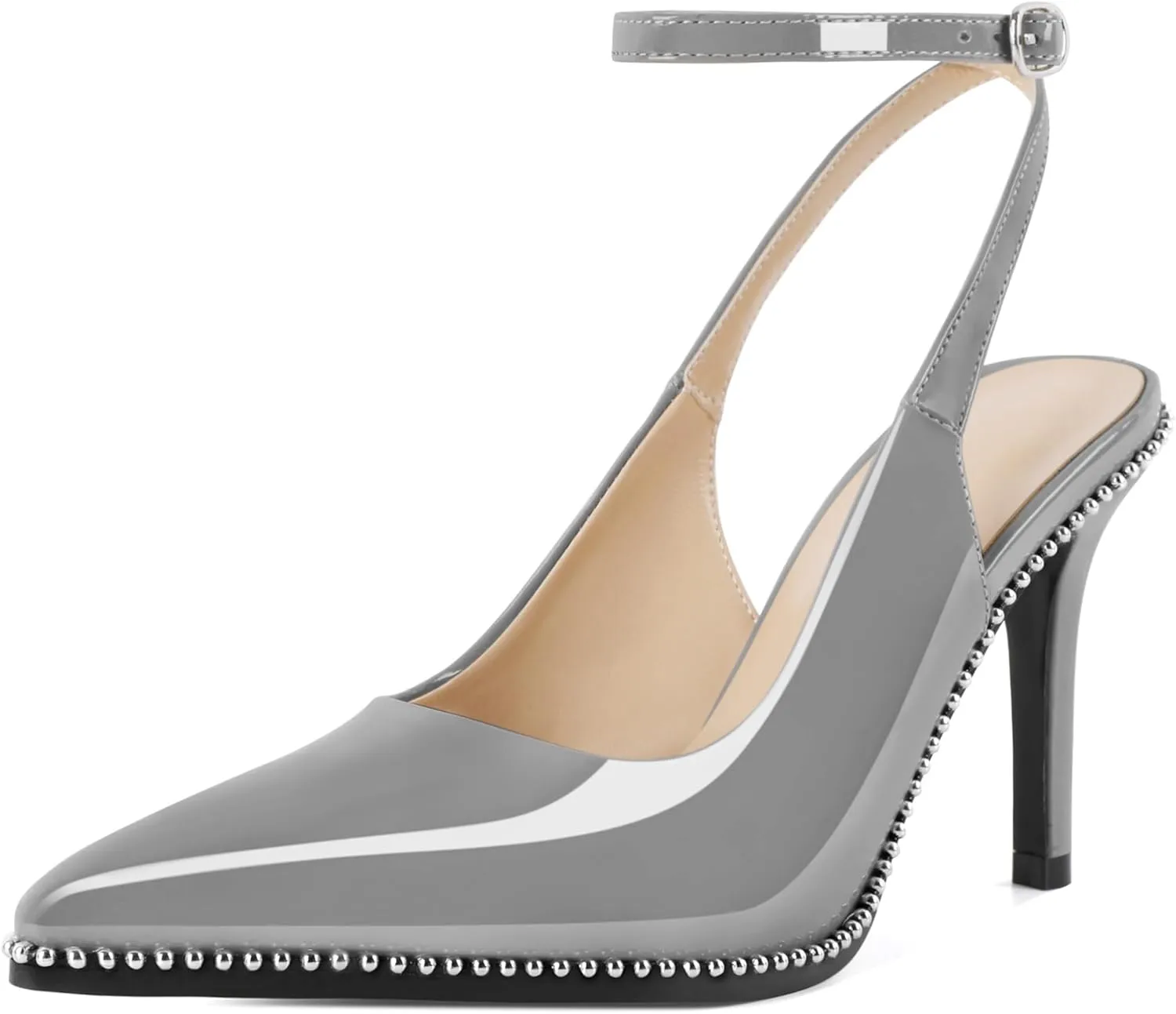 Soireelady Women's Slingback Heels Ankle Strap Pointed Toe Stilettos High Heel Beaded Pumps Dress Shoes 3.5 Inches