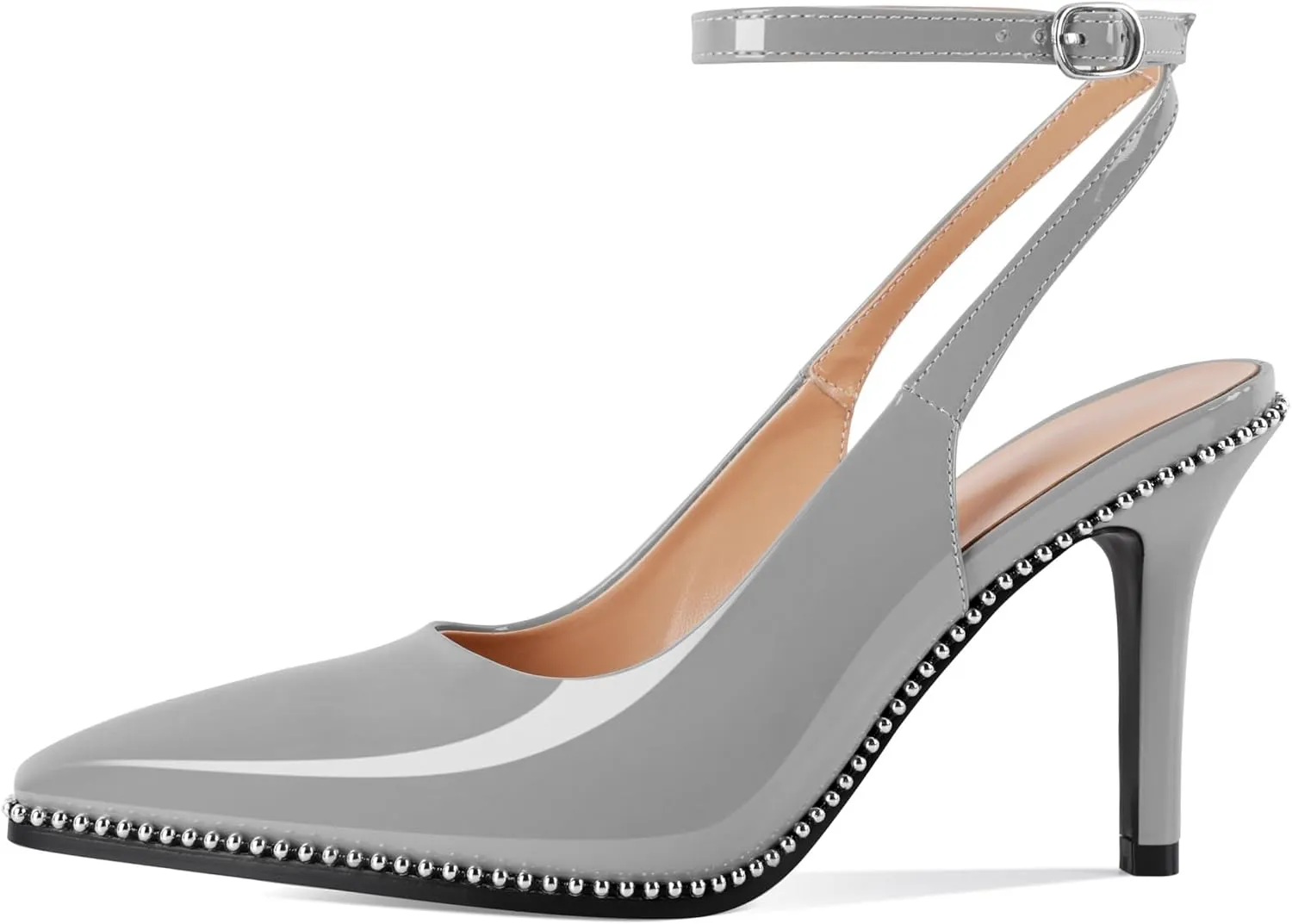 Soireelady Women's Slingback Heels Ankle Strap Pointed Toe Stilettos High Heel Beaded Pumps Dress Shoes 3.5 Inches