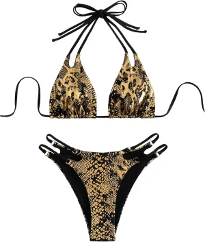 SOLY HUX Bathing Suit for Women Metallic Snakeskin Print Halter Triangle Cut Out Bikini Sets Two Piece Swimsuit