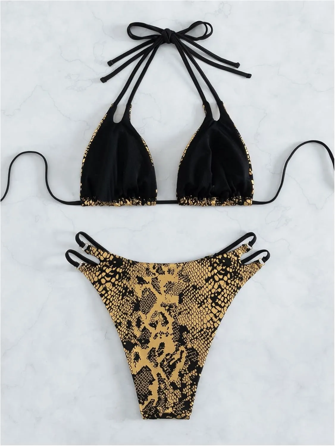 SOLY HUX Bathing Suit for Women Metallic Snakeskin Print Halter Triangle Cut Out Bikini Sets Two Piece Swimsuit