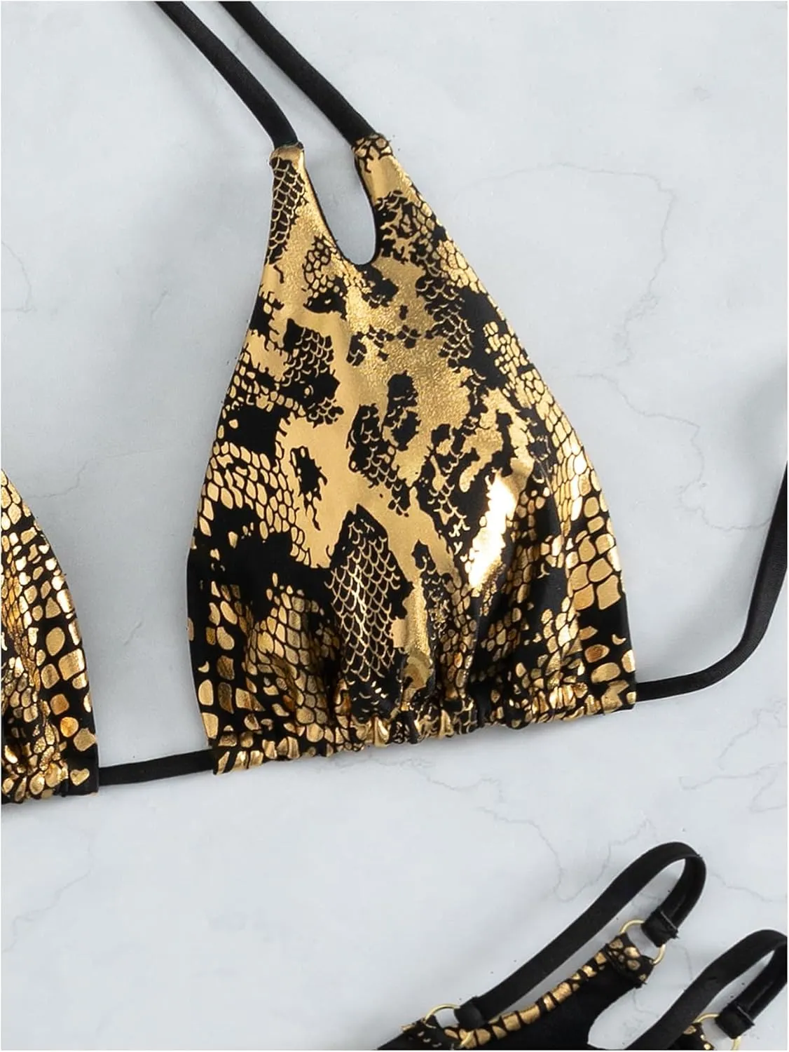 SOLY HUX Bathing Suit for Women Metallic Snakeskin Print Halter Triangle Cut Out Bikini Sets Two Piece Swimsuit