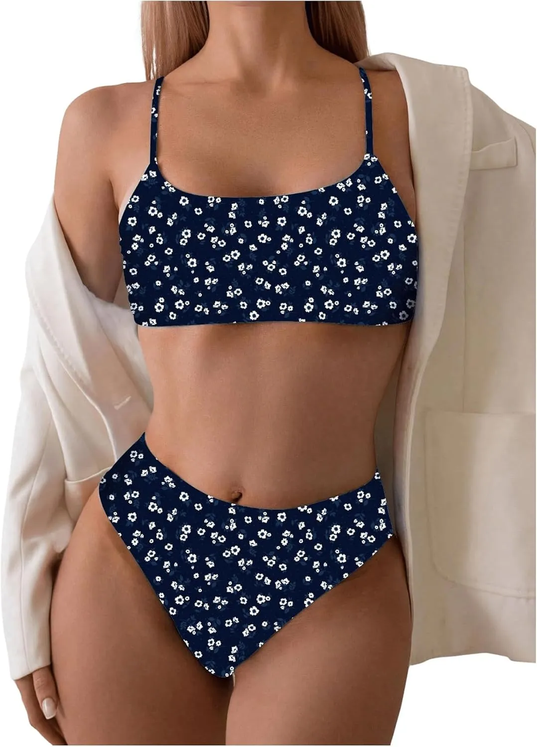 SOLY HUX Women's 2 Piece Bathing Suit Floral Print High Waisted Scoop Neck Cute Bikini Set Beachwear