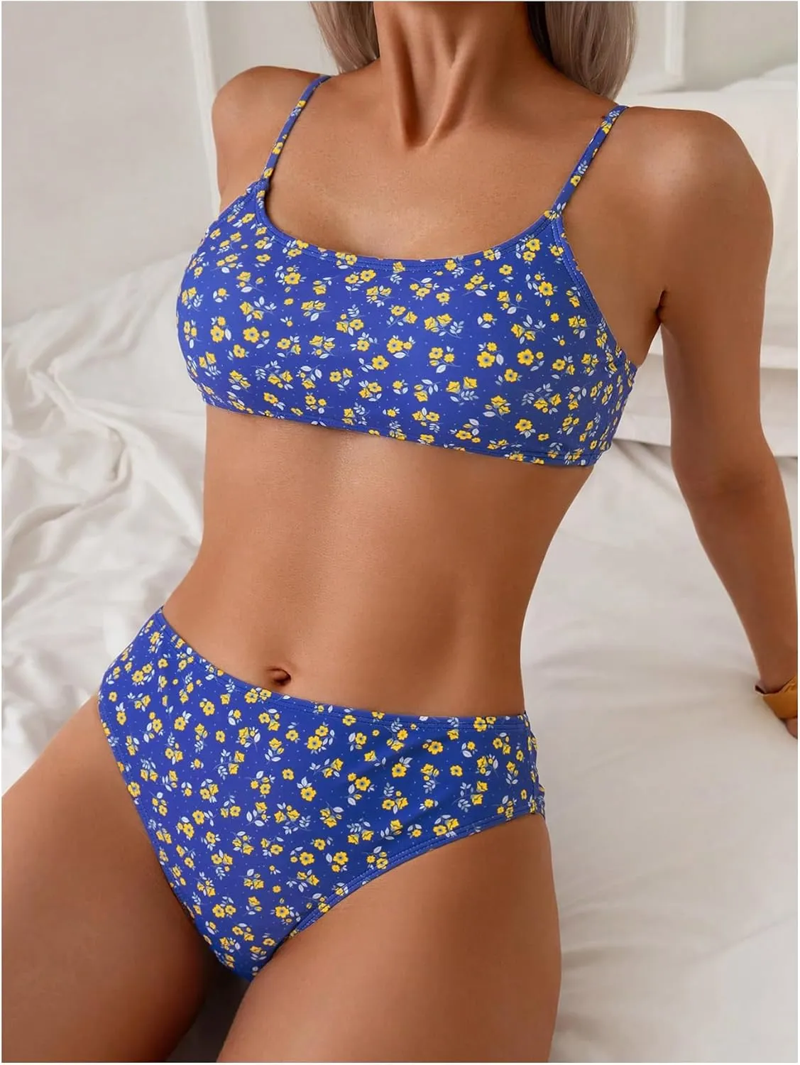 SOLY HUX Women's 2 Piece Bathing Suit Floral Print High Waisted Scoop Neck Cute Bikini Set Beachwear