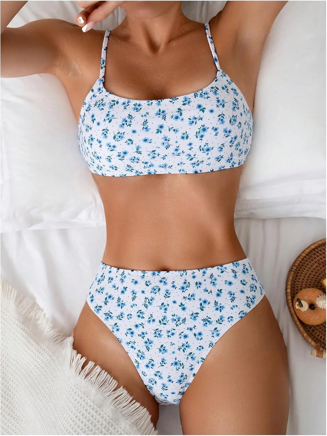 SOLY HUX Women's 2 Piece Bathing Suit Floral Print High Waisted Scoop Neck Cute Bikini Set Beachwear