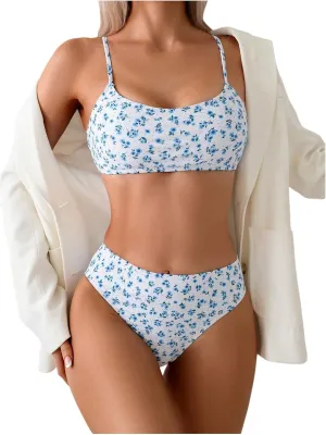 SOLY HUX Women's 2 Piece Bathing Suit Floral Print High Waisted Scoop Neck Cute Bikini Set Beachwear