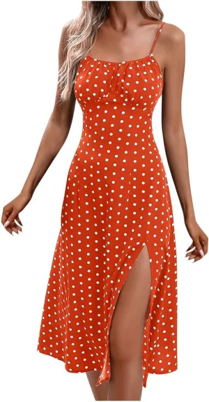 Spaghetti Strap Midi Dresses for Women Sexy Elegant Side Slit Prom Dresses Summer Slim Fit Sexy A Line Beach Dress