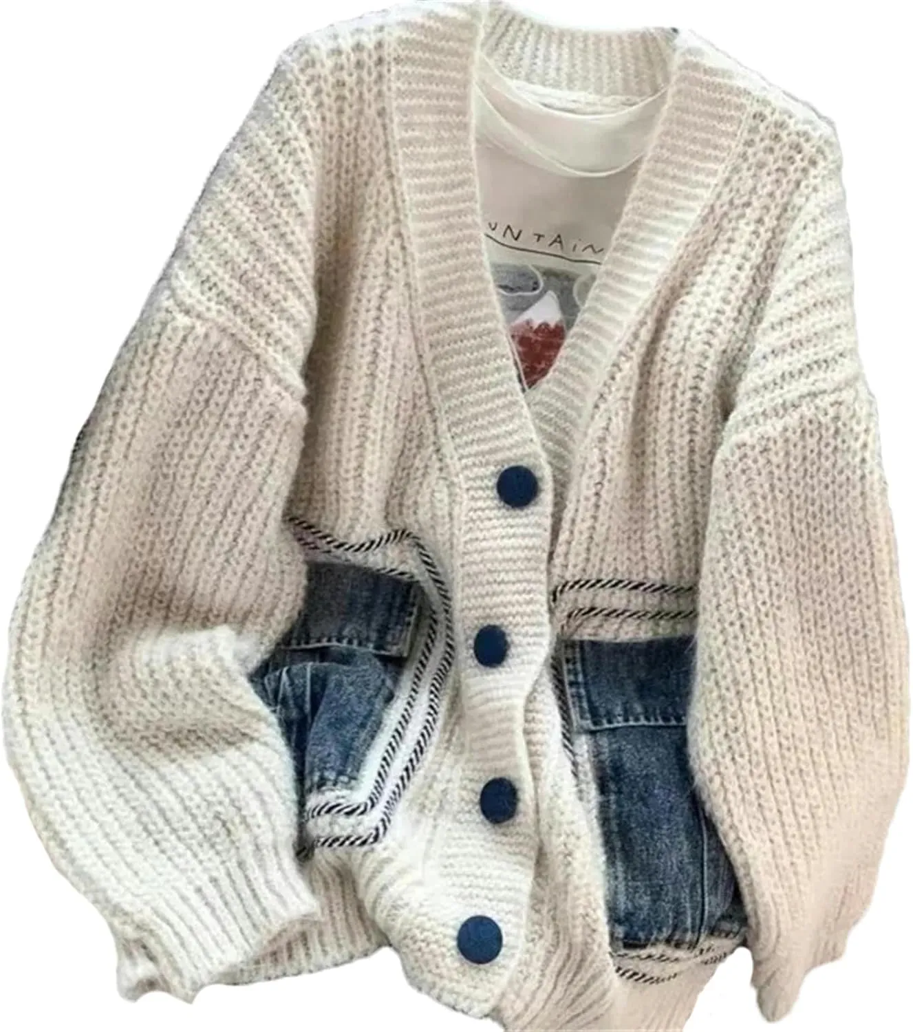 Spring Autumn Knitwear Jacket Women Knitted Sweater Cardigan Coat Female Retro Denim Stitching Outwear