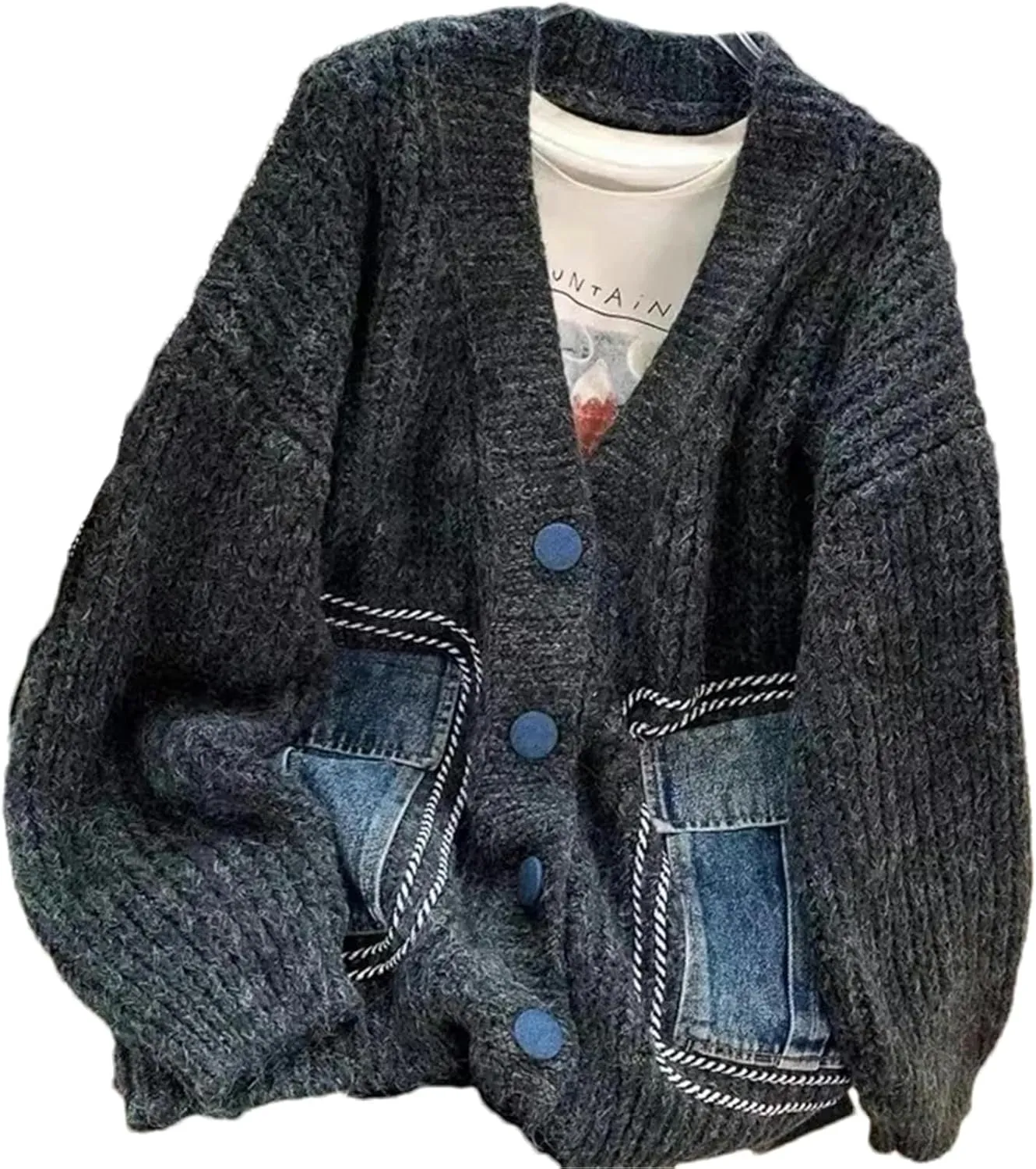 Spring Autumn Knitwear Jacket Women Knitted Sweater Cardigan Coat Female Retro Denim Stitching Outwear