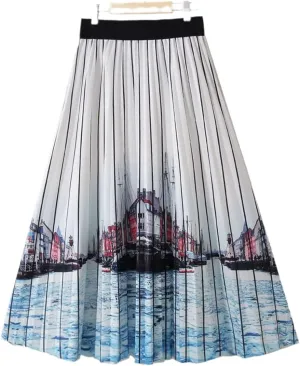 Spring Summer Women's Midi Pleated Skirt High Waist A-Line Skirt
