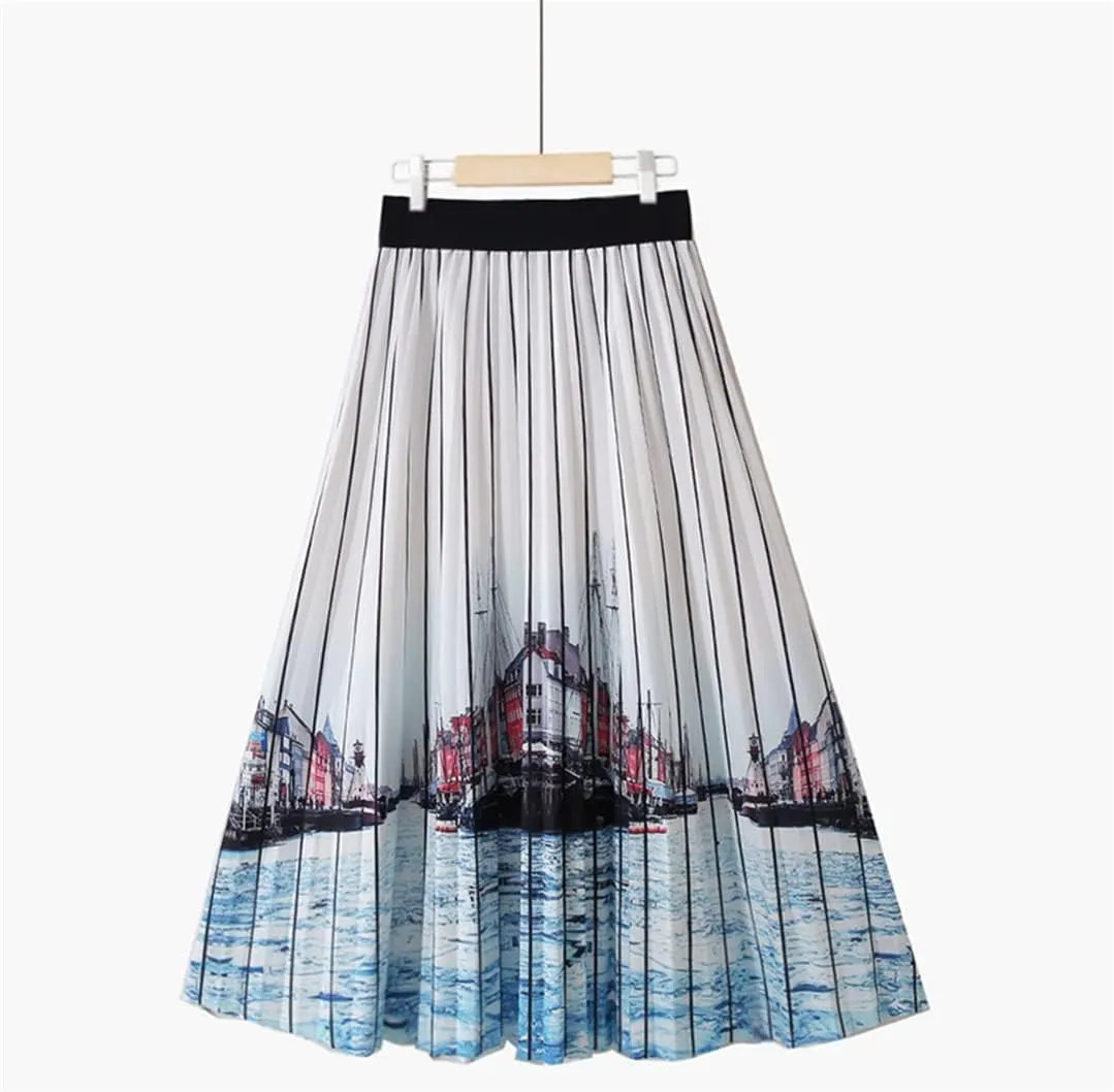 Spring Summer Women's Midi Pleated Skirt High Waist A-Line Skirt